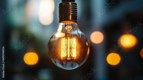 Vintage Edison bulb glowing warmly with soft bokeh lights, inspiring creativity and innovation