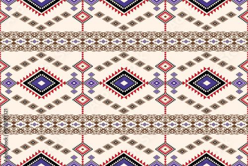 Seamless striped bohemian-style pattern composed of complex geometric diamond motifs. Ideal for designs requiring an ethnic, tribal ambiance.