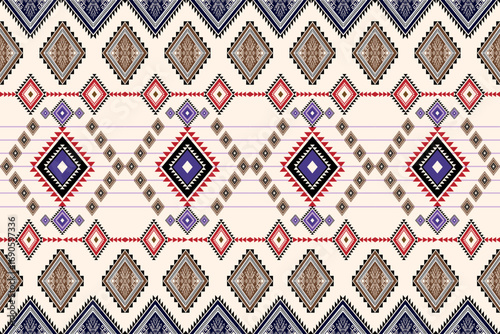 Seamless tribal-style pattern featuring symmetrical geometric diamond motifs in earth tones. Ideal for designs requiring a bohemian look.