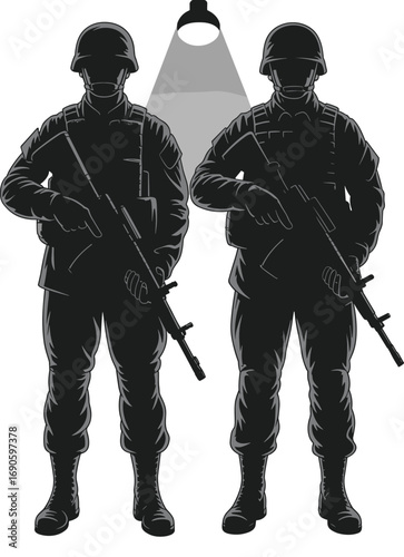 Two armed soldiers standing in silhouette, military comrades, black and white illustration, defense readiness, army teamwork, war zone, patriotic force