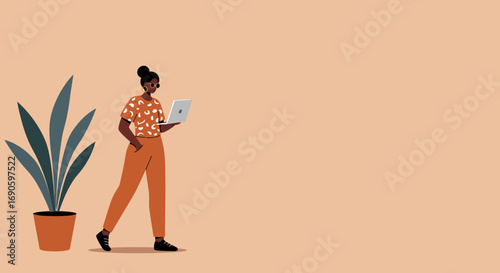 A stylish Black woman uses a laptop, symbolizing remote work, online learning, or digital entrepreneurship. Ideal for business, education, and lifestyle content.