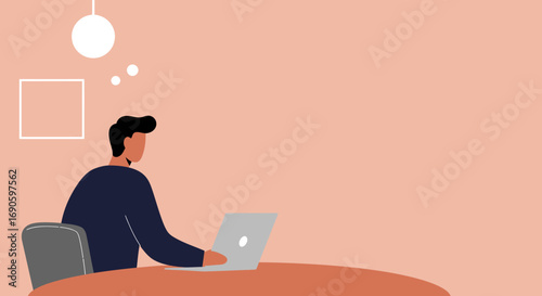 A thoughtful man works on his laptop at a desk, symbolizing remote work, focus, and innovation in a clean, modern environment.