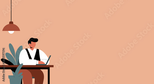 Man focused on work at his laptop in a modern, minimalist home office setting. Ideal for remote work, business, or lifestyle content.