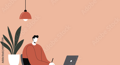 A focused person works remotely on a laptop, taking notes at a home office desk, symbolizing productivity, learning, and modern work-life balance.
