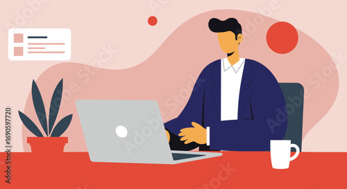 Focused professional working on a laptop at a contemporary desk. Ideal for business, remote work, online education, and digital productivity concepts.