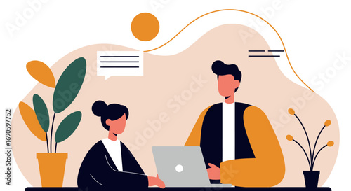 Two professionals collaborating on a laptop in a modern office setting, discussing business strategy or a new project. Ideal for teamwork and corporate communication.