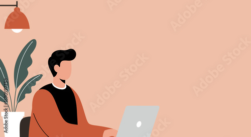 Man working on a laptop in a modern home office with a plant and lamp, representing remote work, online learning, and productivity.