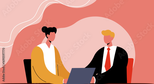 Two diverse business professionals collaborate during a meeting, utilizing technology for discussion and partnership. Ideal for themes of teamwork, consulting, and modern workplace communication.