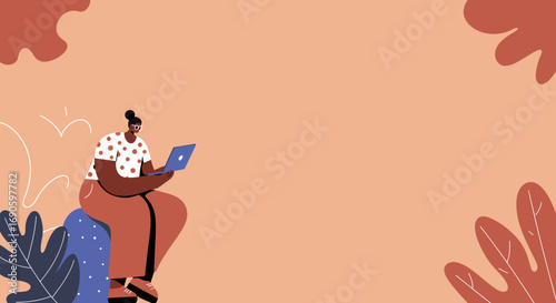 Focused woman using a laptop for remote work or online learning in a creative, modern, and minimalist setting. Ideal for business, technology, and lifestyle concepts.