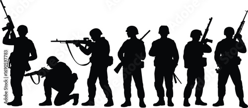 Group of armed soldiers in silhouette, standing and crouching, military unity, army team, defense force, black and white illustration