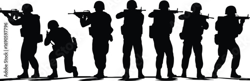 Group of armed soldiers in silhouette, standing and crouching, military unity, army team, defense force, black and white illustration