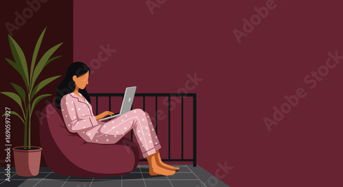 Woman in pajamas working remotely on a laptop from the comfort of her home, sitting on a bean bag chair. Depicts a modern lifestyle, digital connectivity, and flexible work.