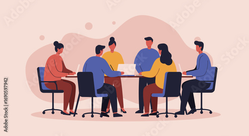 Diverse business team collaborating in an office meeting, working on laptops. Ideal for concepts of teamwork, strategy, and modern workplace communication.