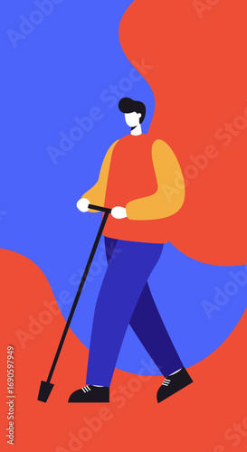 Modern flat illustration of a man walking with a scooter handle against a vibrant, abstract background, representing urban mobility and an active lifestyle.