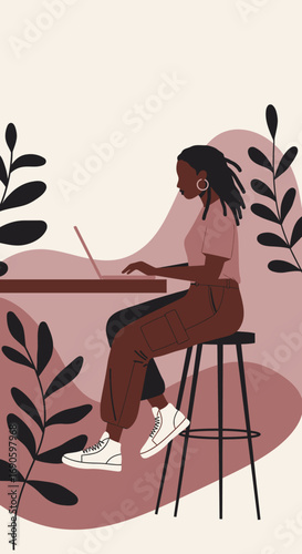 Young Black woman with dreadlocks working remotely on a laptop at a modern table. Ideal for concepts of remote work, freelancing, and digital lifestyle.