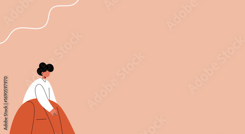 Minimalist illustration of a person sitting thoughtfully on a peach background with copy space. Concepts of contemplation, relaxation, or digital well-being.