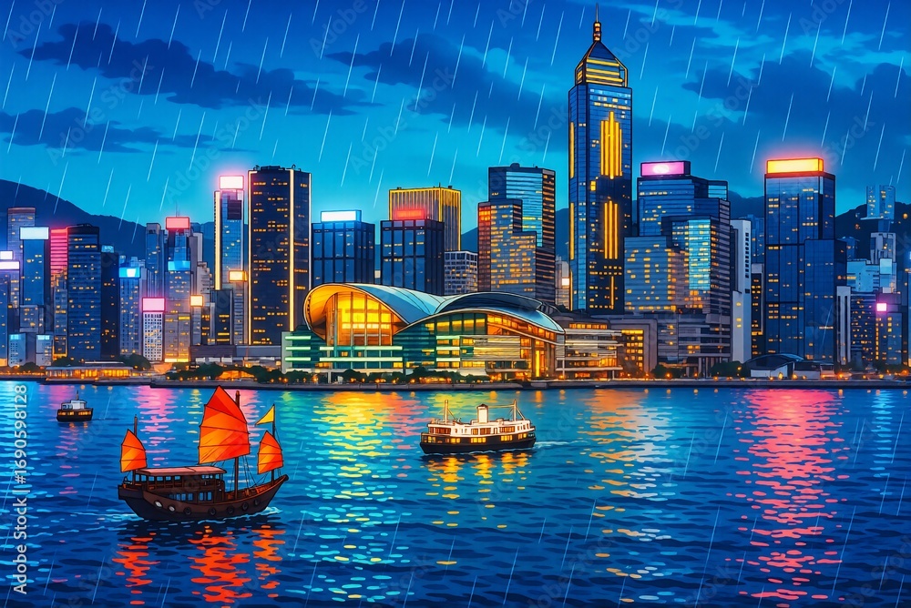 Fototapeta premium Rain falls over the dazzling Hong Kong city skyline at night. Colorful lights reflect on Victoria Harbour where traditional boats float.