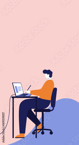 Professional illustration of a person working on a laptop with a stylus at a desk, symbolizing remote work, digital learning, and creative business concepts.