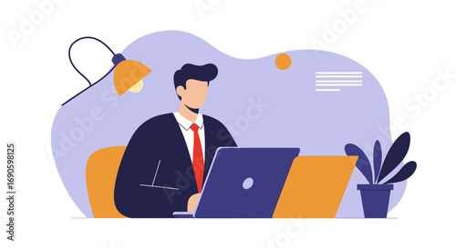 Professional businessman working on a laptop at a desk, illustrating remote work, online business, and productivity. Ideal for corporate concepts.