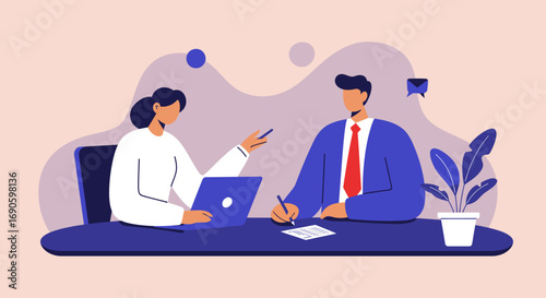 Professional business people collaborating at a desk, discussing work and signing documents. Ideal for business, teamwork, and office concepts.