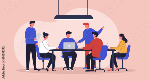 Diverse team collaborating in a modern office meeting, discussing strategies with laptops. Represents business, teamwork, and productivity.