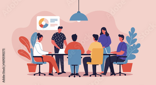 Diverse team collaborating in a modern office meeting, discussing charts and strategies. Ideal for business, teamwork, and corporate concepts.