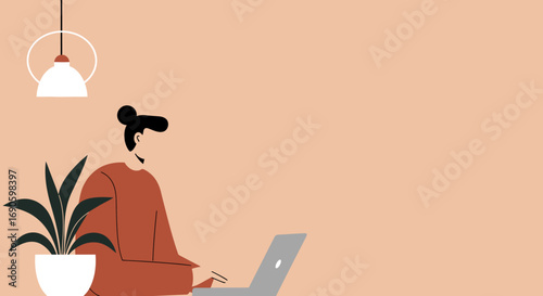 Minimalist illustration of a person focused on a laptop in a calm home office. Ideal for concepts of remote work, online learning, productivity, and a modern digital lifestyle.
