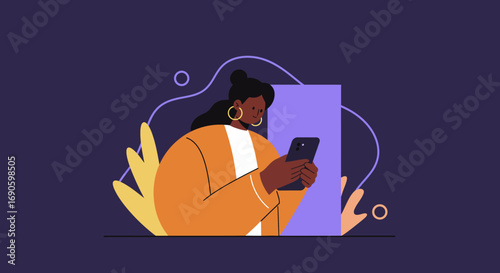 Modern illustration of a focused Black woman using her smartphone, representing digital communication, social media, business, or lifestyle activities.