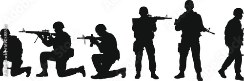 Silhouetted soldiers in battle-ready poses, military teamwork, army valor, combat readiness, honor, bravery, war heroes, armed forces tribute