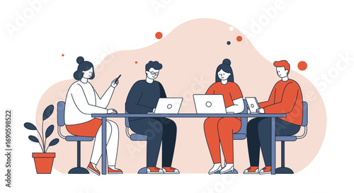 Diverse team of four professionals collaborating at a table with laptops and a tablet, showcasing teamwork, modern business, and digital work environment.