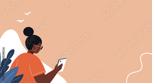 Modern woman scrolls on her smartphone outdoors, symbolizing digital connection, leisure, and contemporary lifestyle. Perfect for tech, social media, or travel designs.