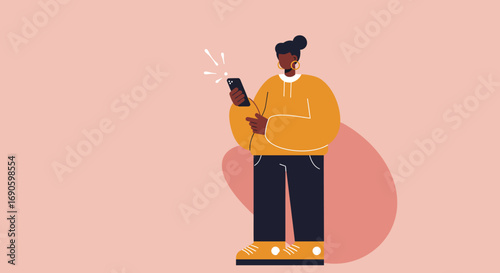 Modern woman engaging with her smartphone, actively checking messages or social media. Represents digital communication, online connectivity, and contemporary lifestyle.