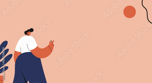 Happy modern character pointing or writing on a blank peach background with abstract elements. Ideal for creative projects, business concepts, or digital design themes.