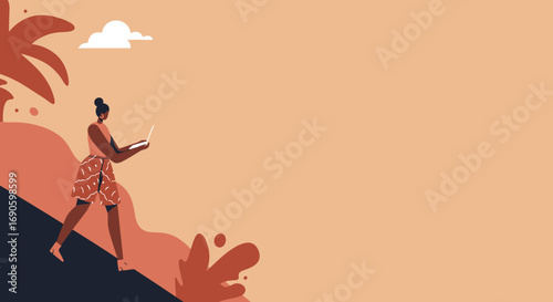 Stylized woman working remotely outdoors with a laptop, embodying a modern digital nomad lifestyle. Ideal for concepts of flexible work, technology, travel, and business freedom.