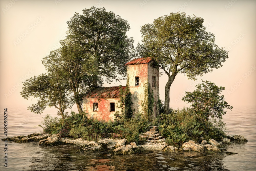 Obraz premium Abandoned island cottage at sunset