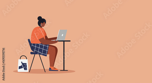 Illustrative person casually working on a laptop at a table, symbolizing remote work, online learning, or freelance productivity. Ideal for lifestyle and business concepts.