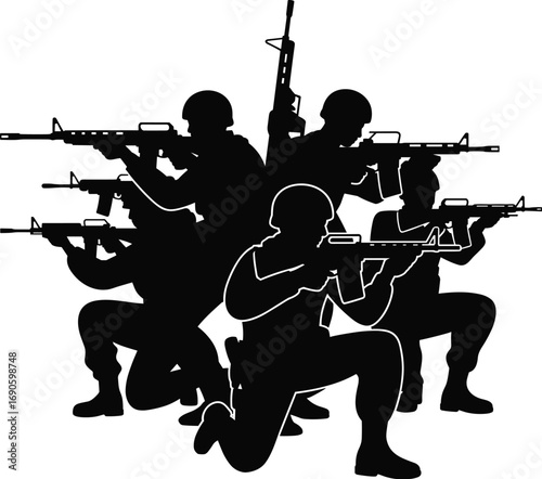 Soldiers defending homeland, military unity, patriotic protection, armed forces with rifles, combat-ready stance, black and white war illustration, defense message
