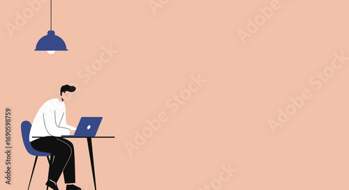 A focused man works diligently on his laptop at a minimalist table, representing remote work, online education, or digital productivity. Ideal for business and technology themes.