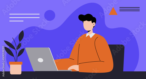Illustration of a person working diligently on a laptop at a desk. Ideal for concepts of remote work, online learning, business, technology, and productivity in a modern, digital environment.