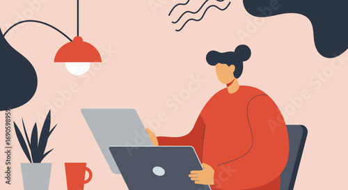 Stylized person working on a laptop at a modern desk, representing remote work, online learning, freelance, or a digital lifestyle. Productivity concept.