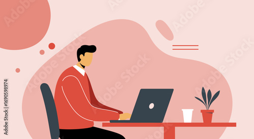 Productive man focused on his laptop at a modern workspace. Illustrates remote work, online business, and digital lifestyle.