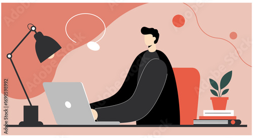 A man productively works on his laptop at a modern desk with a lamp and plant, illustrating remote work, online learning, or digital business.