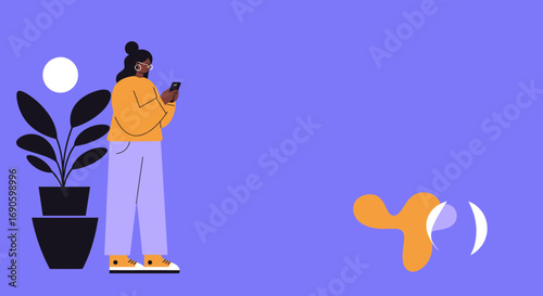 Stylish person using smartphone, checking messages or browsing social media, with a potted plant and abstract elements. Ideal for digital lifestyle, communication, and technology concepts.
