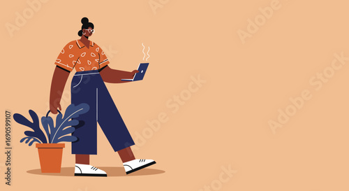 Modern woman balances work and nature, holding a laptop and potted plant, representing productivity, remote work, and work-life balance in a minimalist setting.