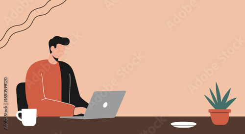 Man working efficiently on a laptop at a modern home office desk, surrounded by a plant and coffee. Ideal for remote work, business, and digital lifestyle concepts.