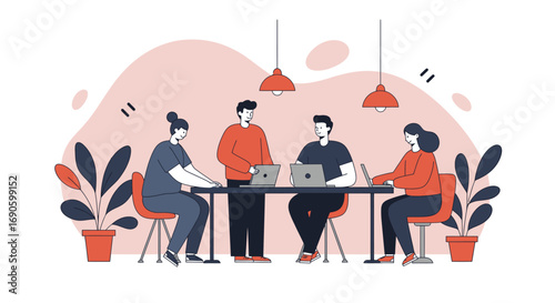 Diverse team collaborating on laptops in a modern office. Illustrates remote work, startup culture, and productive business meetings for technology, finance, or creative industries.