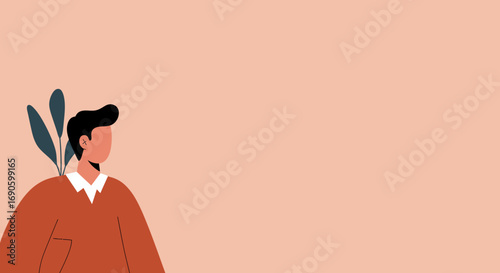 Minimalist illustration of a stylish man with a plant, looking right on a peach background. Concept of casual business, contemplation, or modern lifestyle.