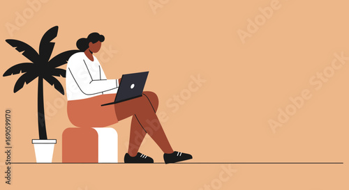 Person working remotely on a laptop, embodying a flexible digital nomad lifestyle and work-life balance with a tropical plant. Ideal for business, technology, and travel.