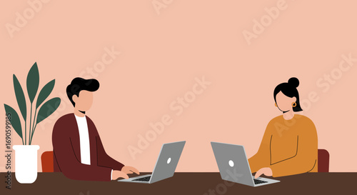 Man and woman working diligently on laptops at a desk. Illustrates collaboration, remote work, and business productivity in a modern, professional setting.