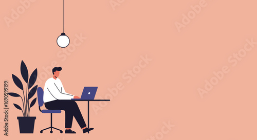 Young man working remotely on his laptop at a minimalist desk, embodying modern productivity, freelance work, and online education.
